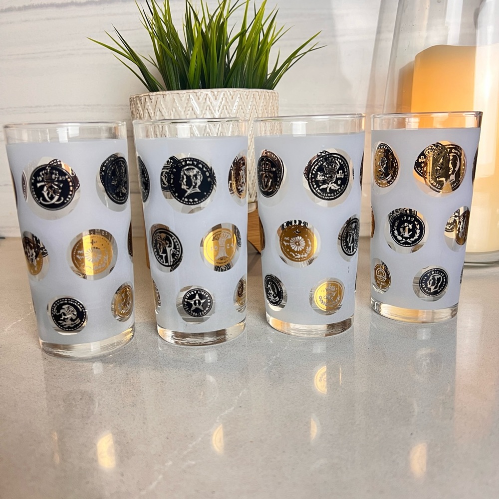 Libbey Vintage Frosted Glass High Ball 12oz Gold & Black Coins Around the World